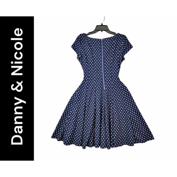Danny & Nicole Navy Blue Dress Size 6 Women Fit n Flare Dot Short Sleeves Career - Picture 2 of 8